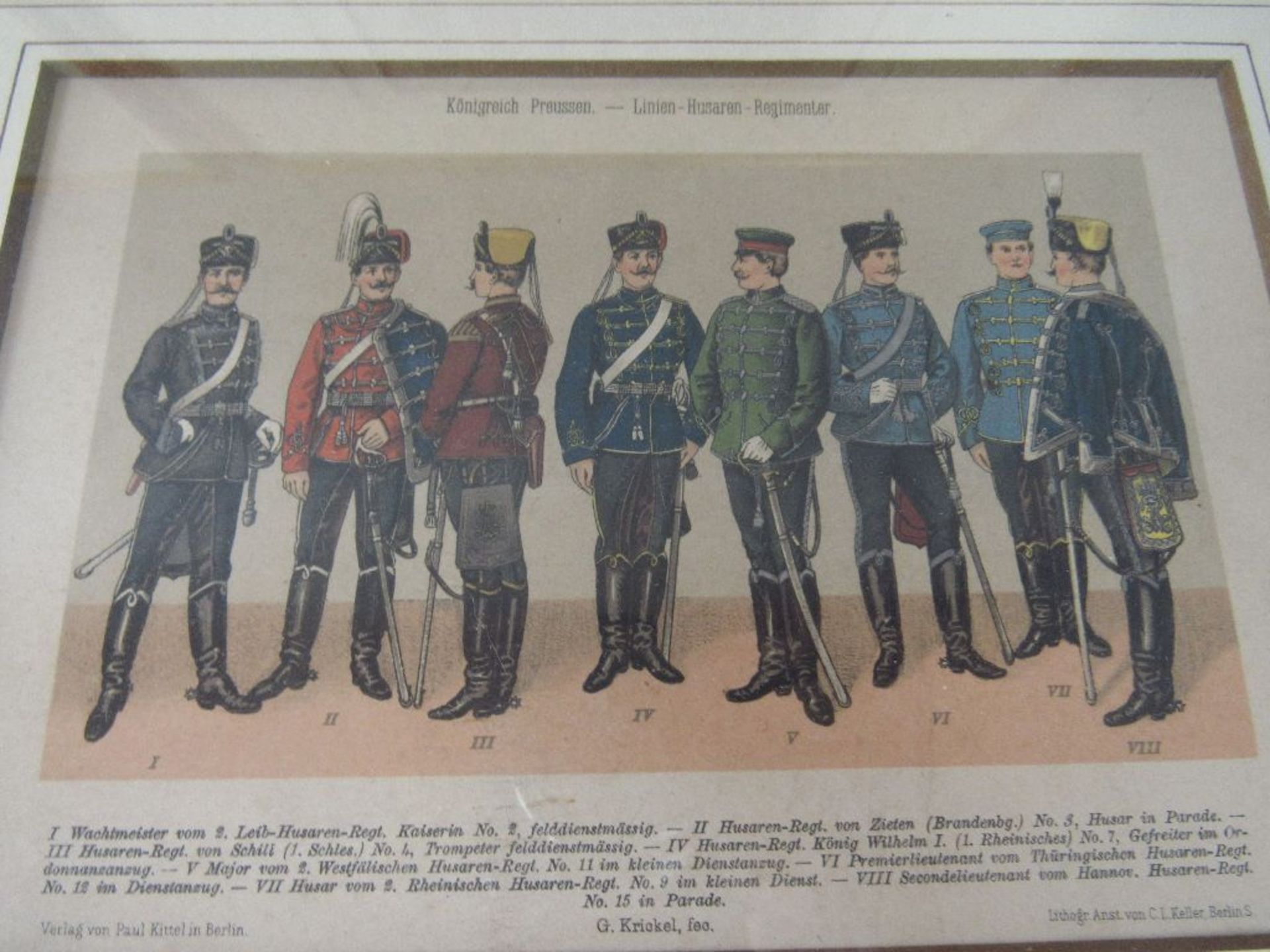 5 militärische colorierte Grafiken Preussen in schöner Blattgoldleiste mit Passepartout - Image 4 of 6