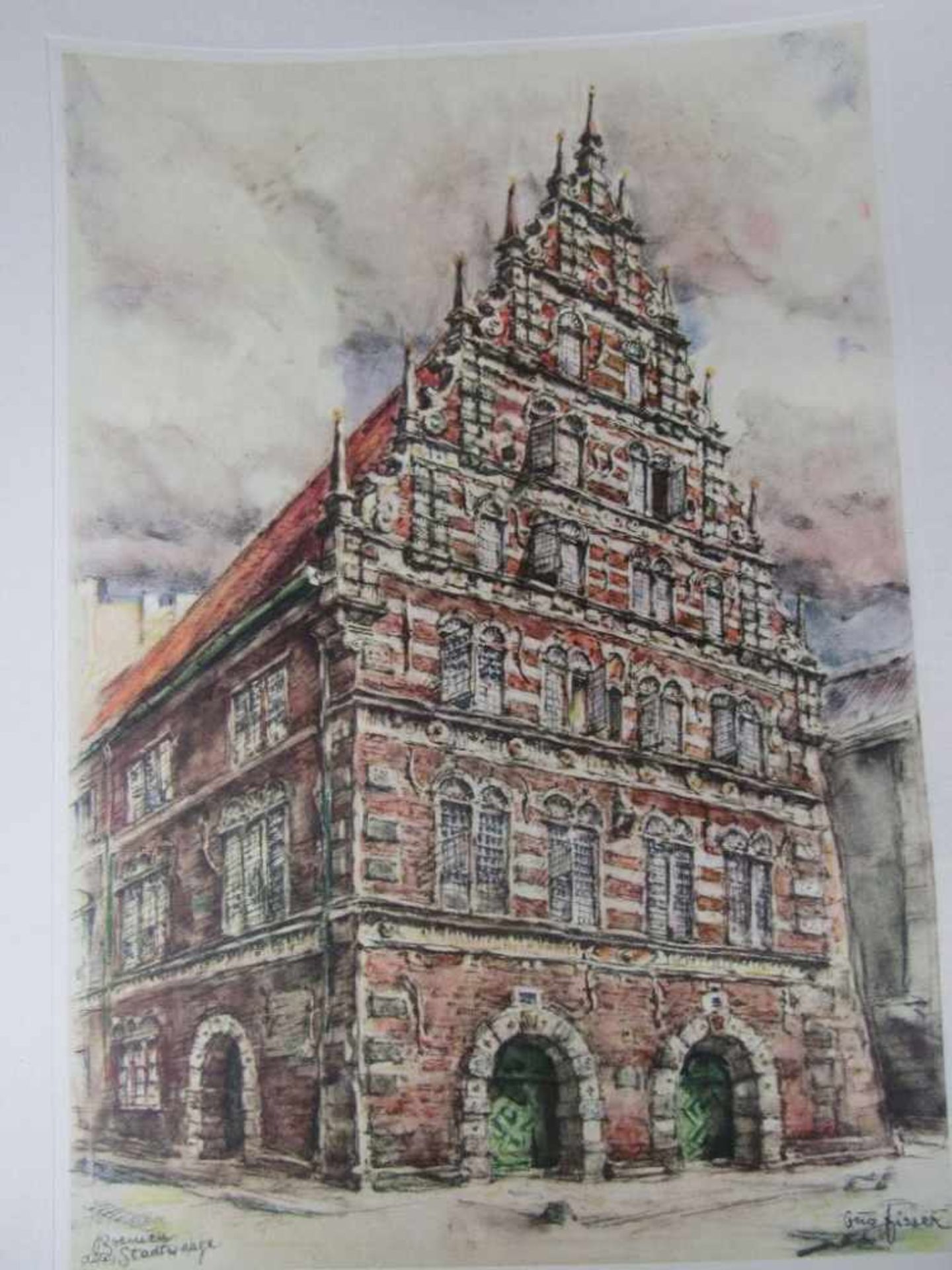 Colorierte Grafik Bremer Rathaus Stadtwaage signiert Fisser oder ähnlich Maß ca:60x44cm