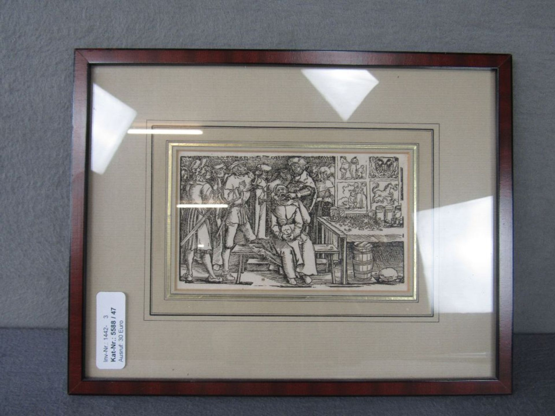 Antiker Stich Grafik originales Blatt beim Zahnarzt geschätzt um 1600 schön gerahmt 29x23cm - Image 2 of 3