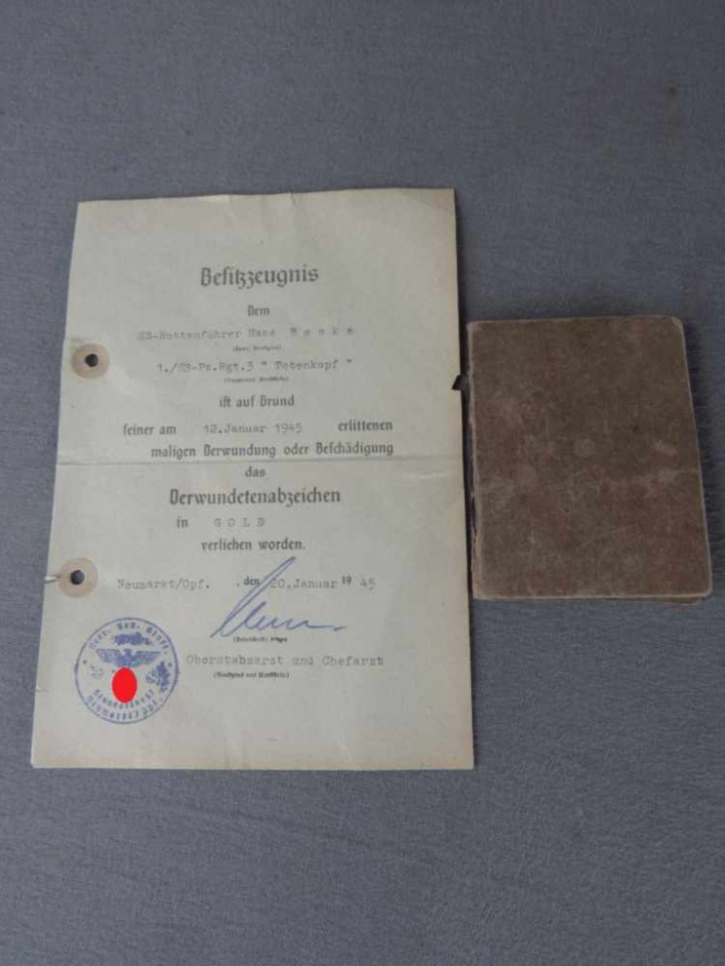 Urkunde Verwundetenabzeichen in Gold Rottenführer SS Totenkopf + Fotos ungeprüft