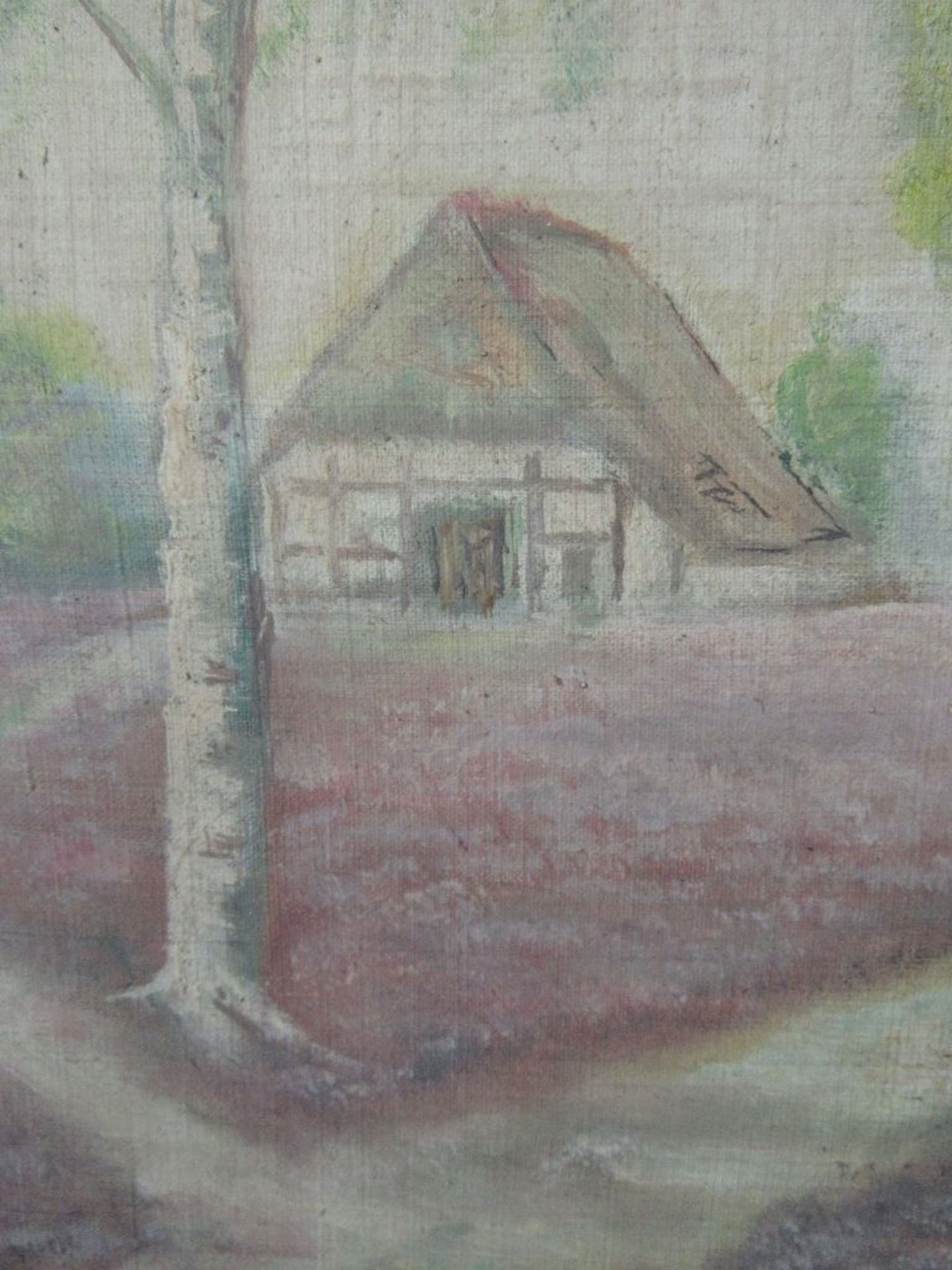 Ölgemälde Öl evtl. Pastell auf Leinwand Heidelandschaft um 1910 im schönen Jugendstilrahmen signiert - Bild 4 aus 5