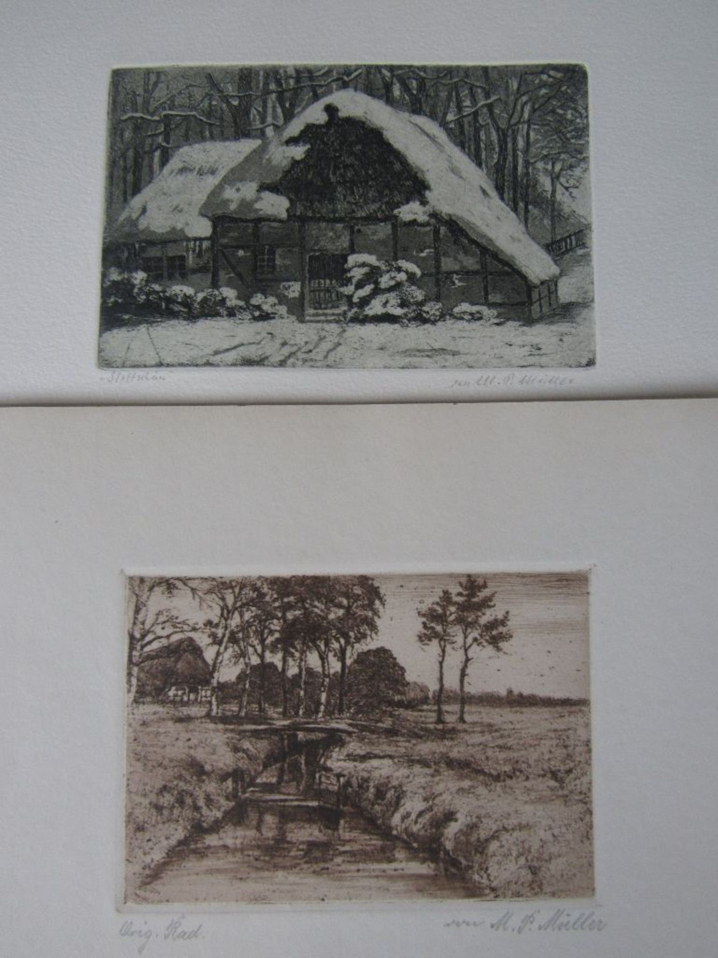 Zwei Bilder Radierungen signiert Müller Worpswede Blattmaß ca.26x20cm