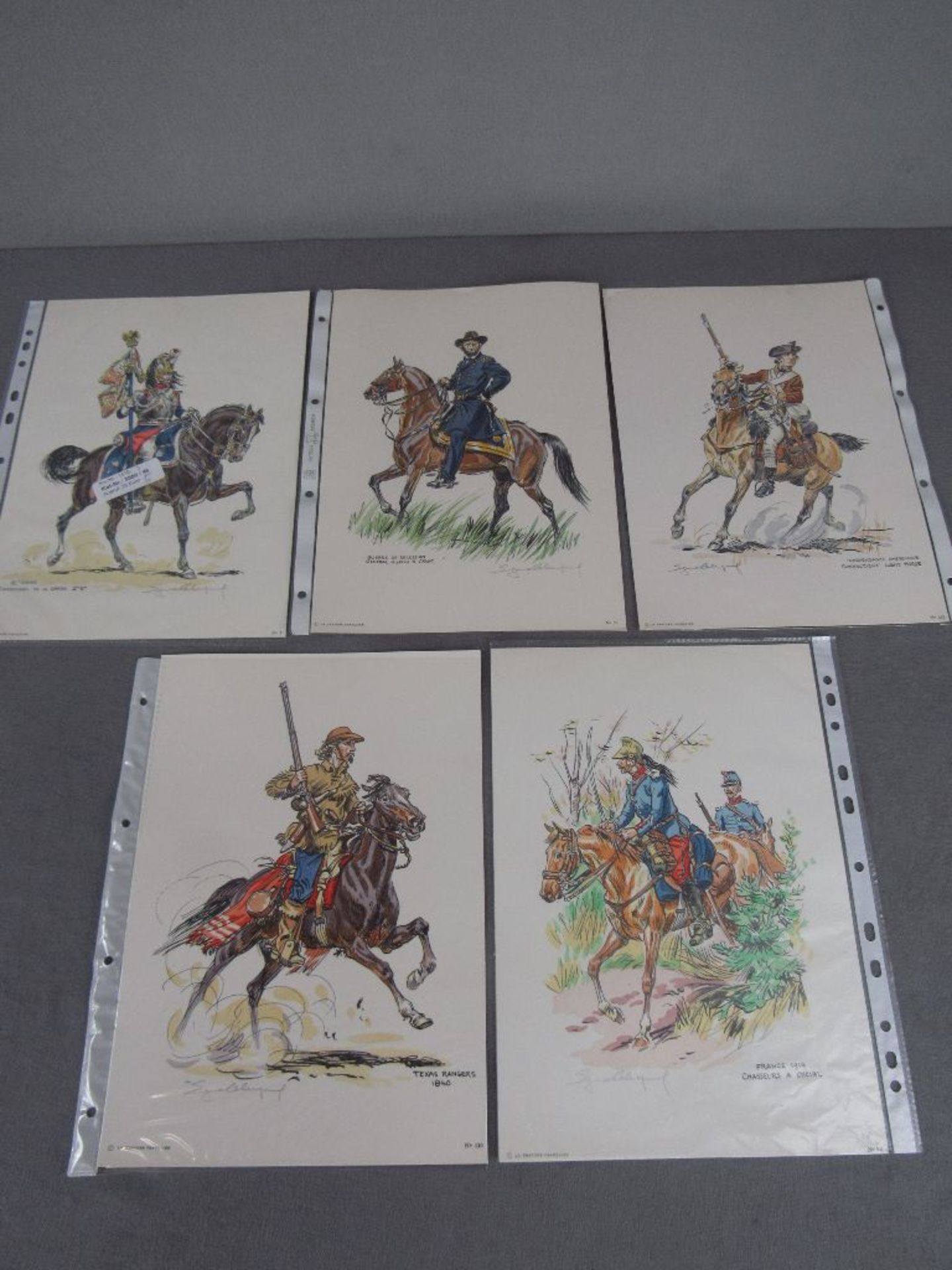 Colorierte Grafiken 5 Stück militärisch historische Darstellung mit original Bleistiftsignatur des