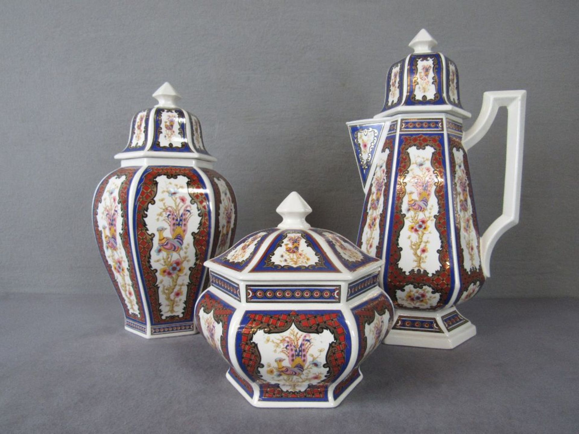 Drei Teile italienische Keramik Hersteller B&G farbenfroh mit Feuervogel von 19,5-42cm