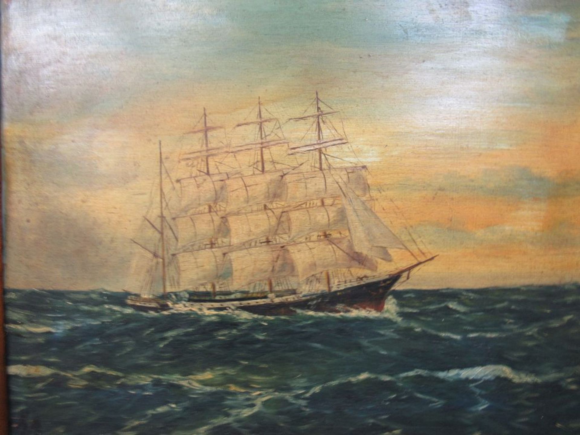 Ölgemälde Öl auf Holz Darstellung Dreimaster Segelschiff 67x55cm