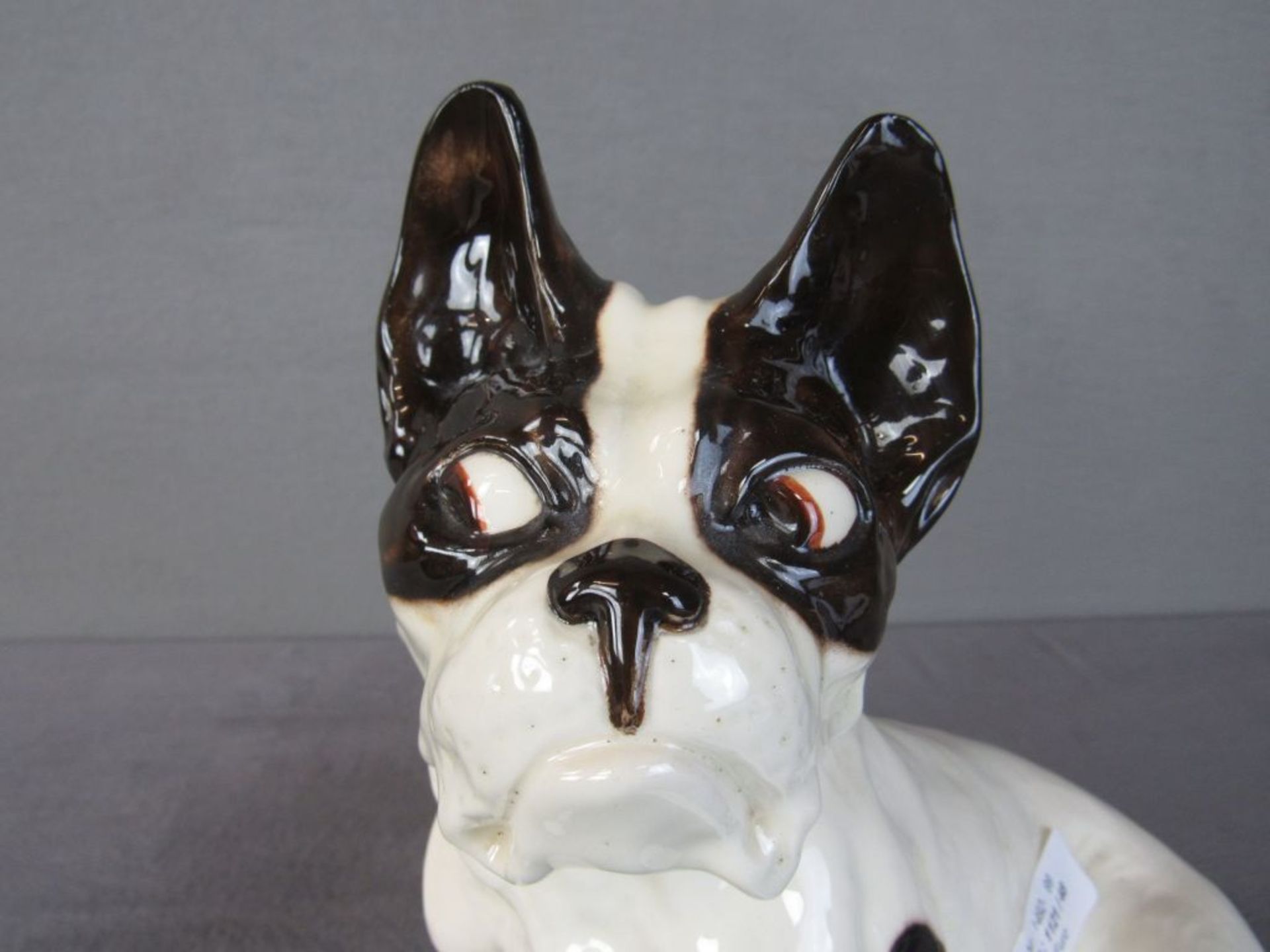 Porzellanfigur Hund Mops weiß braun 24cm hoch unterseits nummeriert geschätzt um 1920 - Bild 4 aus 6