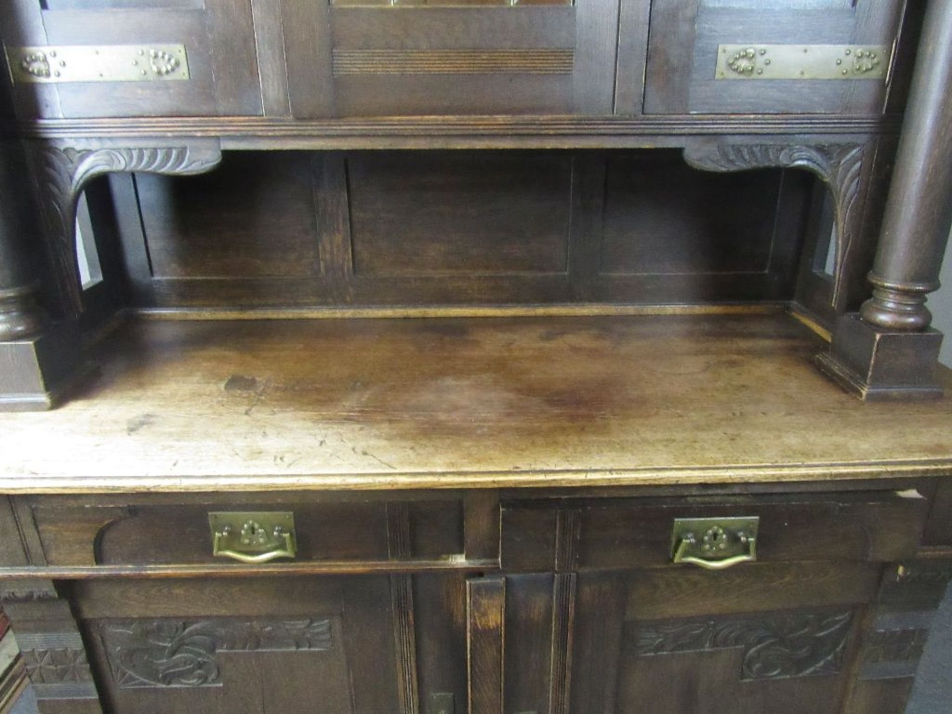 Großes Jugendstilbuffet um 1905 Fabelwesen Schnitzerein Eiche ca.160x69x200cm - Bild 3 aus 12