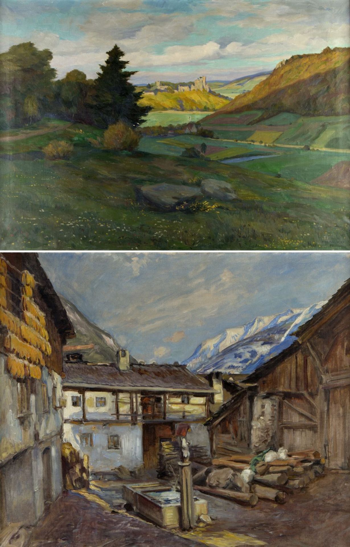 Maulwurf, H. Klaus, K.Ruine der Burg Schreckenstein im Sommer. Dorfplatz in Grins Tirol. 2 Gem. Öl/
