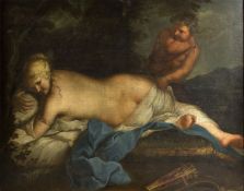 Frankreich, 18. Jh.Weiblicher Akt mit Bacchus. Öl/Lwd., doubliert. 100 x 131,5 cm. Gerahmt.