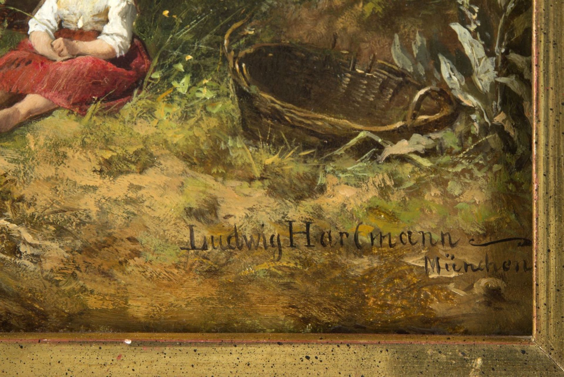 Hartmann, Ludwig. 1835 - München - 1902Junge Bäuerin im Gespräch mit einem Jäger. Öl/Holz. Sign. und - Bild 2 aus 3