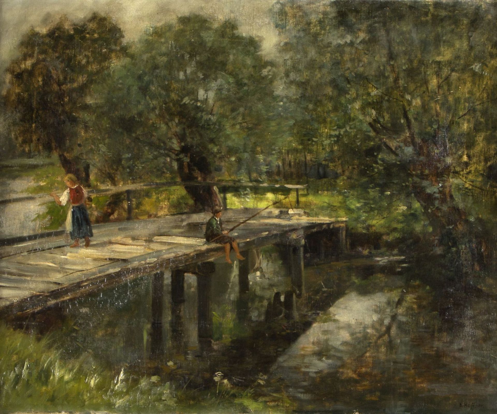 Heffner, Karl. 1849 Würzburg - Berlin 1925Zwei Kinder auf einer Holzbrücke über einem sommerlichen