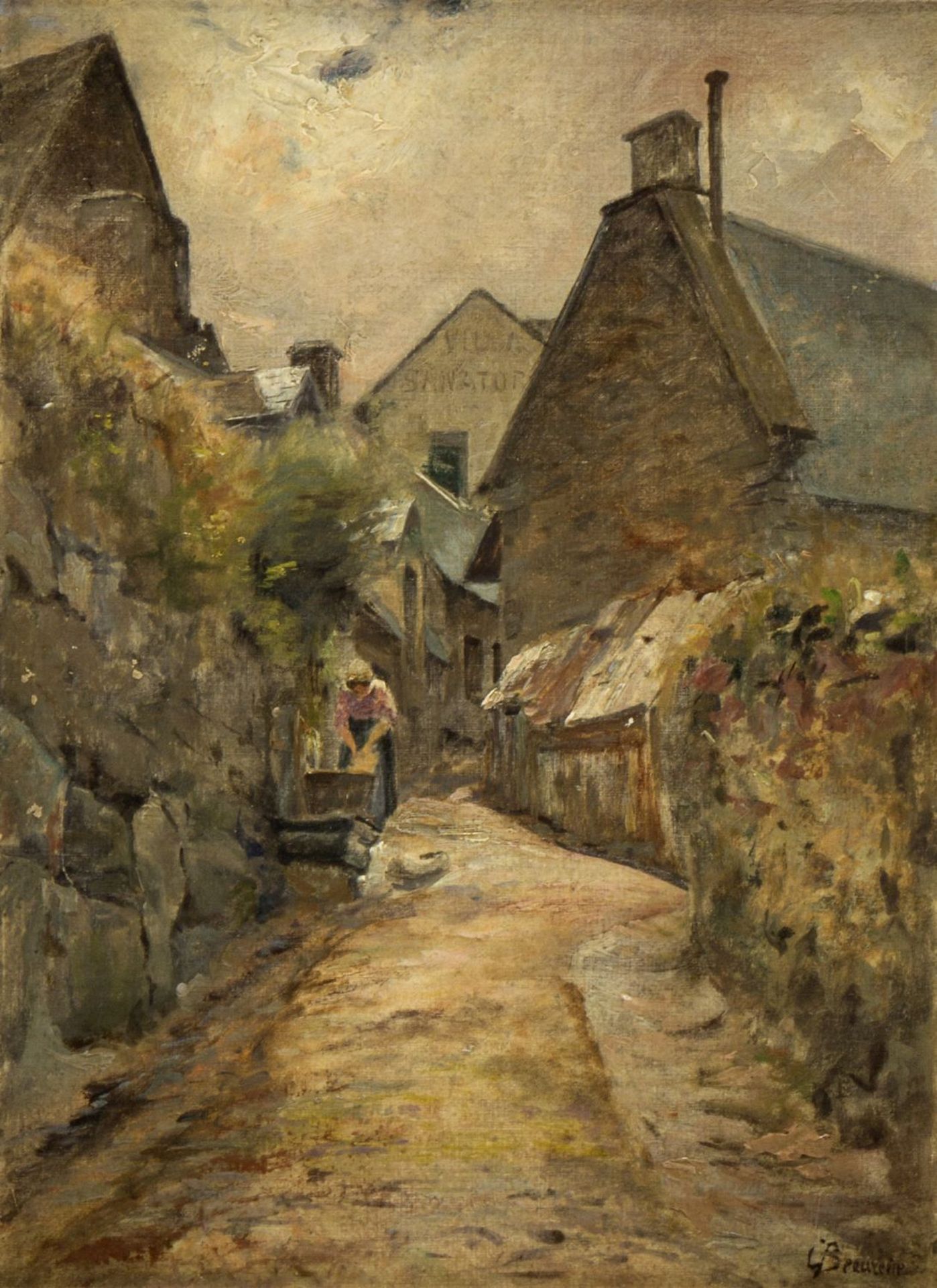 Beauverie, Charles Joseph. 1839 Lyon - Poncins 1923Wäscherin in einer Dorfgasse. Öl/Malkarton. Sign.