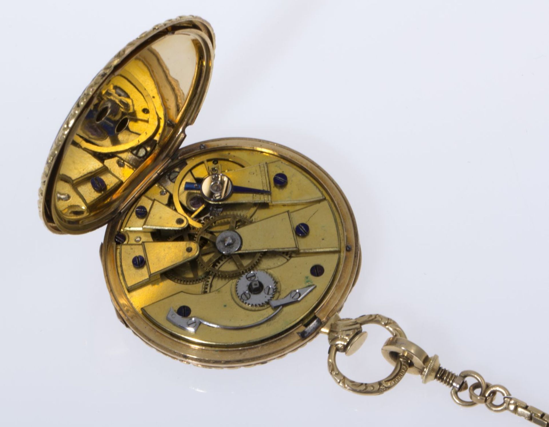 Dekorative Taschenuhr an UhrenketteGehäuse, Cuvette und Kette aus Gelbgold 750 (geprüft). Gehäuse - Bild 4 aus 6