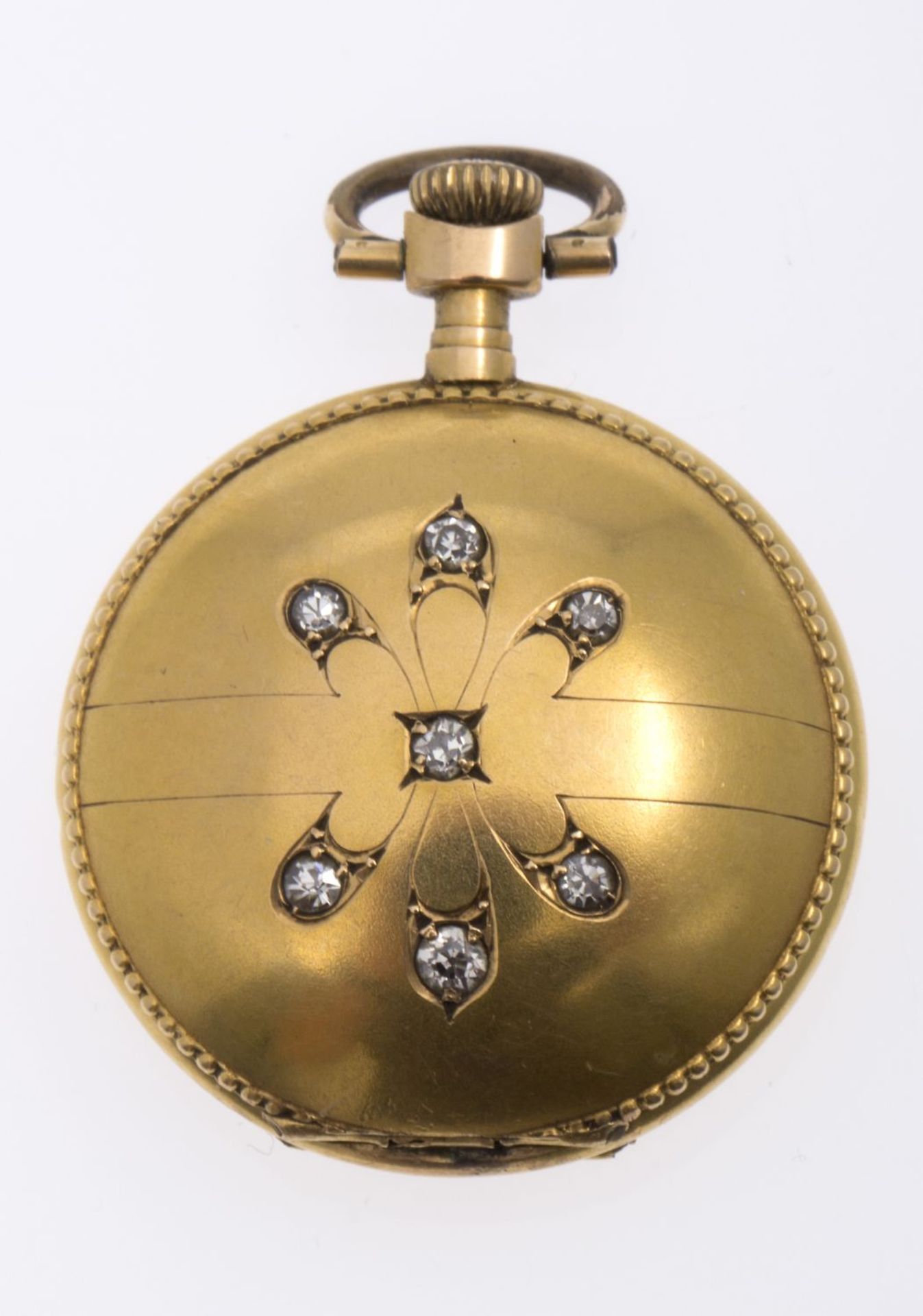 Damensavonette mit Diamant-BesatzGehäuse und Cuvette aus Gelbgold 750. Deckel mit stilisiertem