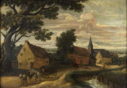 Deutsch, um 1800Dorf mit Kirchplatz und einem Pferdefuhrwerk. Öl/Lwd. 54 x 78 cm. Gerahmt. Stark