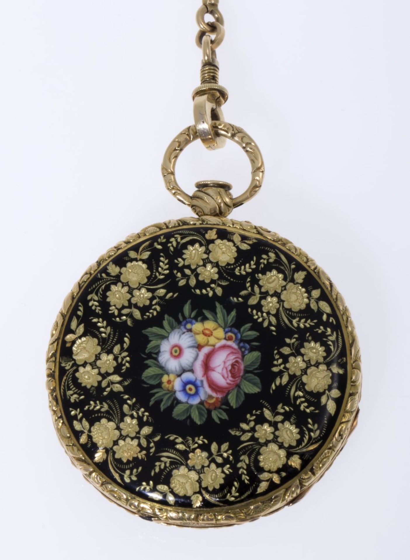 Dekorative Taschenuhr an UhrenketteGehäuse, Cuvette und Kette aus Gelbgold 750 (geprüft). Gehäuse - Bild 2 aus 6