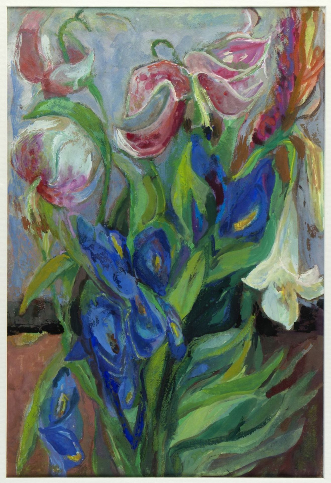 Rupflin, Anta. 1895 Pasing - Augsburg 1987Stillleben mit Lilien und Iris. Gouache. 55 x 37 cm. Verso