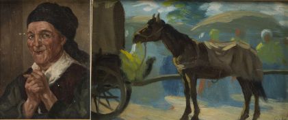 Szabo. Monogrammist E.W. u.a.Pferd an einem Wagen. Portrait einer Bäuerin. Kapelle u.a. 4 Gem. Öl/