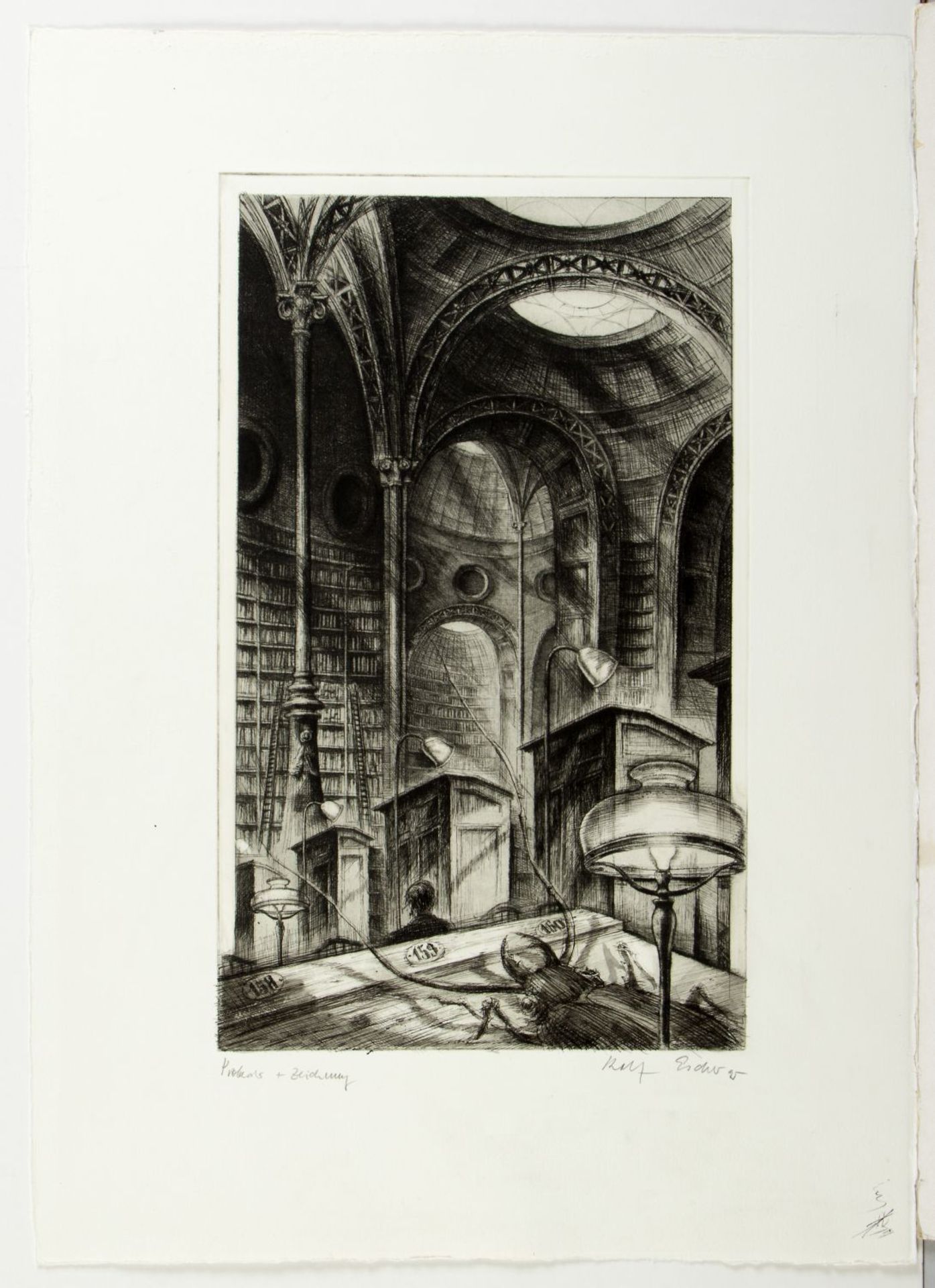Escher, Rolf. 1936 HagenIm Spiegel. Bibliothek. 3 Lithographien. 1 Radierung. Sign. Bis 70 x 54 - Bild 4 aus 5