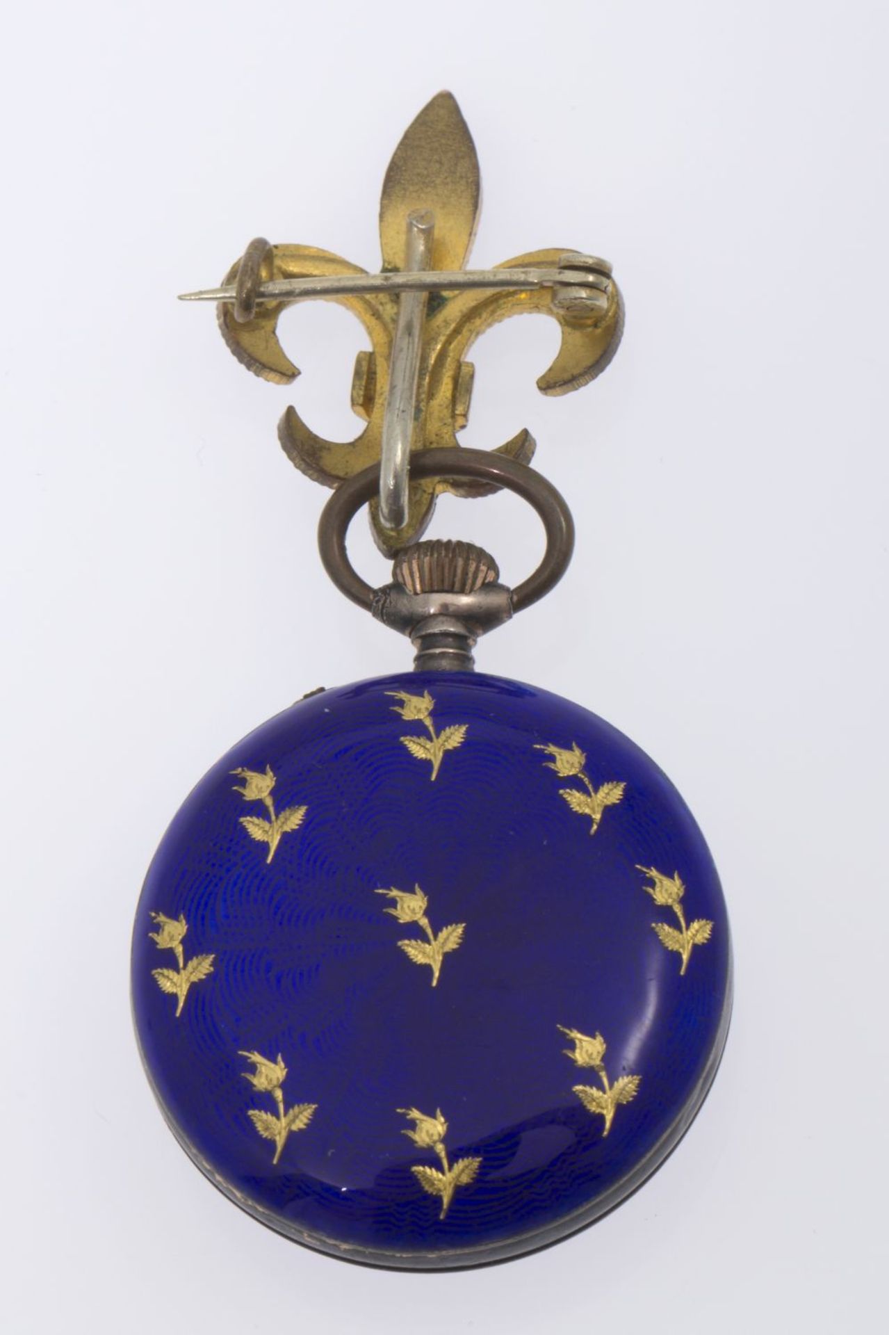 Damentaschenuhr an LilienbroscheGehäuse aus Silber 800, vergoldet bzw. goldfarbenes Metall. - Bild 2 aus 2