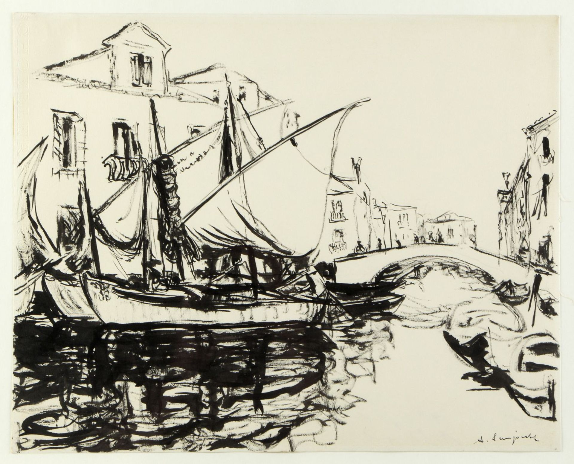 Lamprecht, Anton. 1901 Allershausen - München 1984Segelboote auf einem Kanal in Venedig.