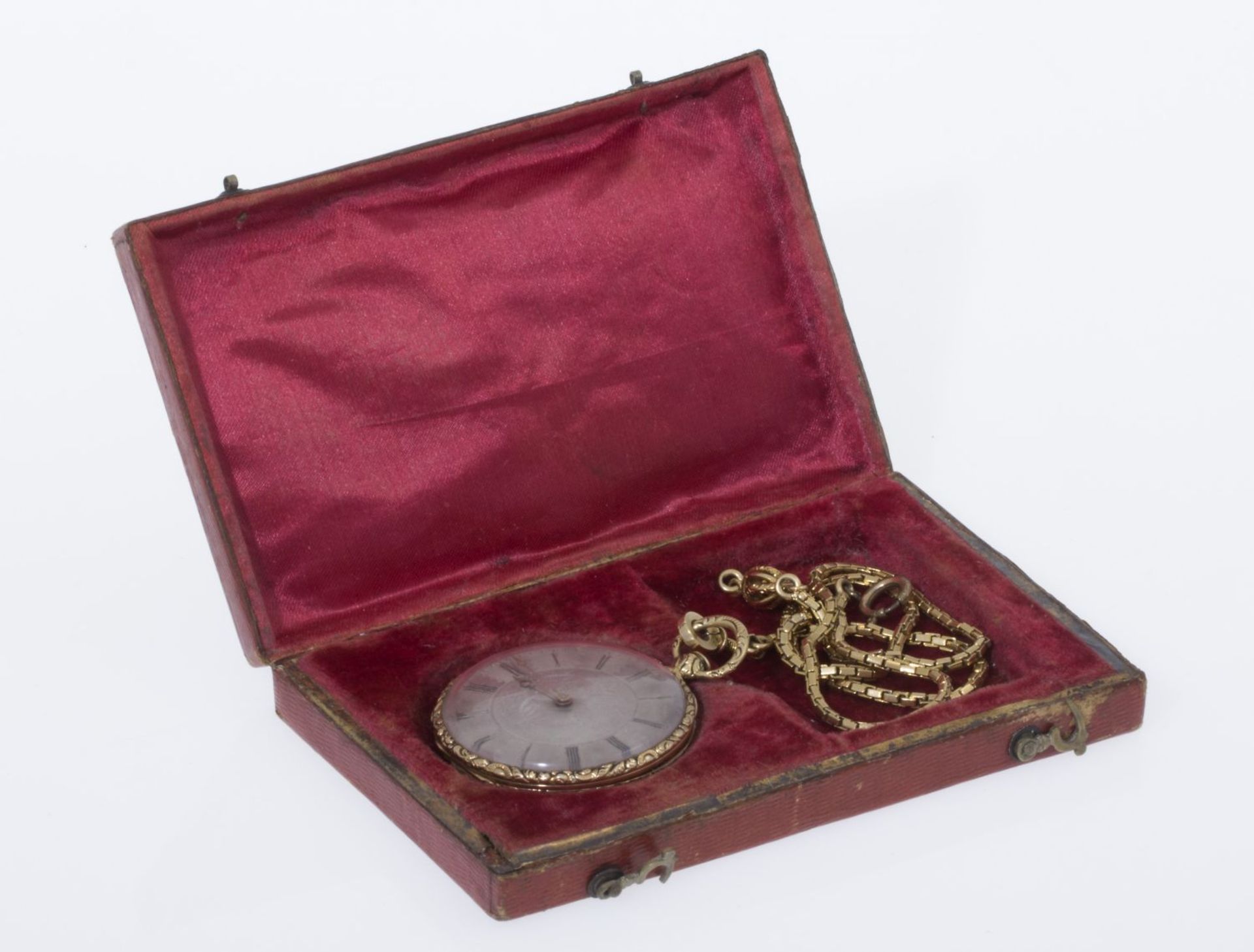 Dekorative Taschenuhr an UhrenketteGehäuse, Cuvette und Kette aus Gelbgold 750 (geprüft). Gehäuse - Bild 6 aus 6