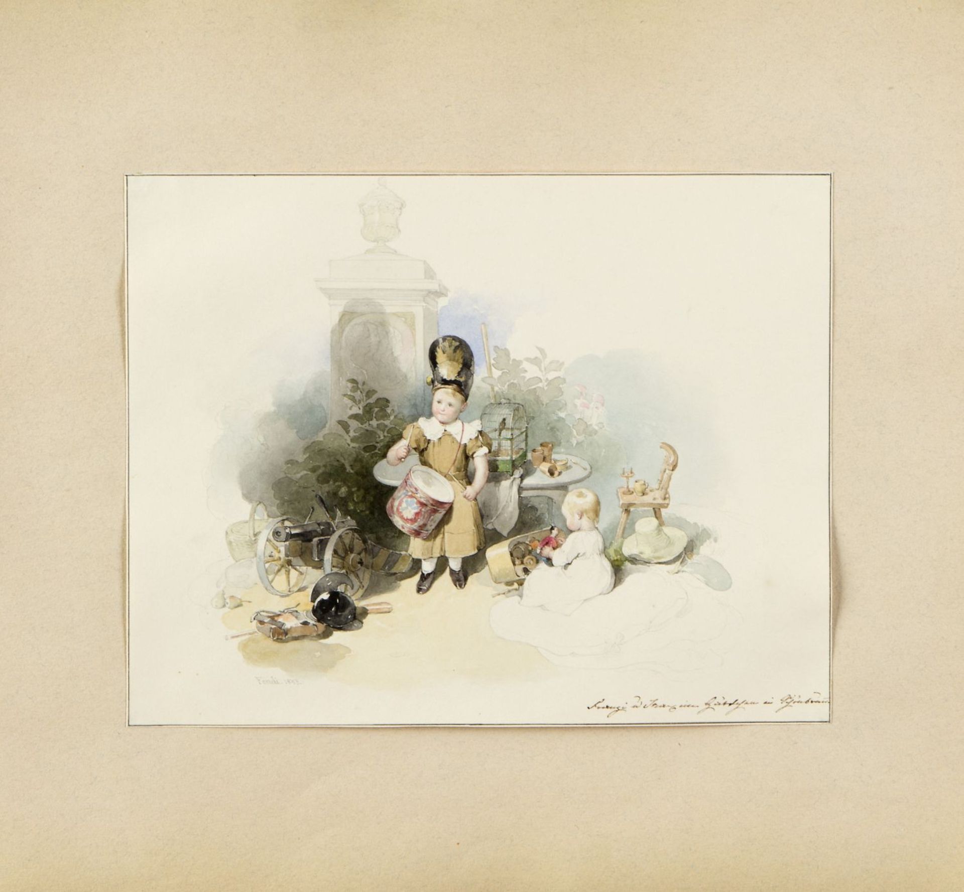 Fendi, Peter. 1796 - Wien - 1842Lorenz und Franz im Gärtchen in Wessobrunn (?). Aquarell über