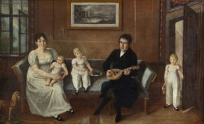 Deutsch, 19. Jh.Familie Dobelbauer im Wohnzimmer. Öl/Lwd. 42 x 67 cm. Gerahmt. Verso auf einem