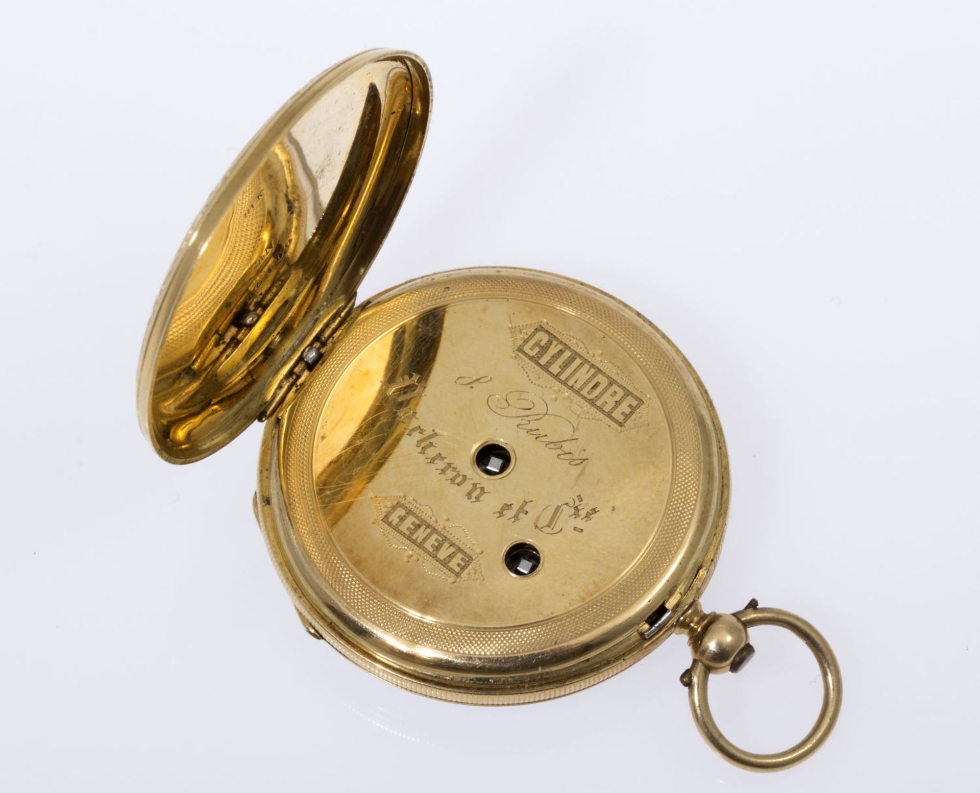 DamentaschenuhrGehäuse und Cuvette aus Gelbgold 750. Gravurdekor mit Akzenten in schwarzem und - Image 3 of 4
