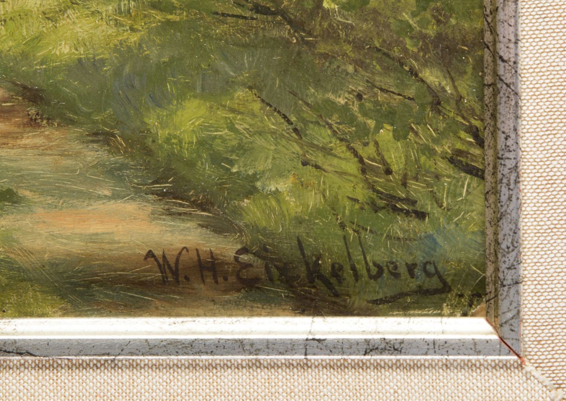 Eickelberg, Willem Hendrik. 1845 Amsterdam - Hilversum 1920Rast auf einem Waldweg. Öl/Holz. Sign. - Bild 2 aus 3