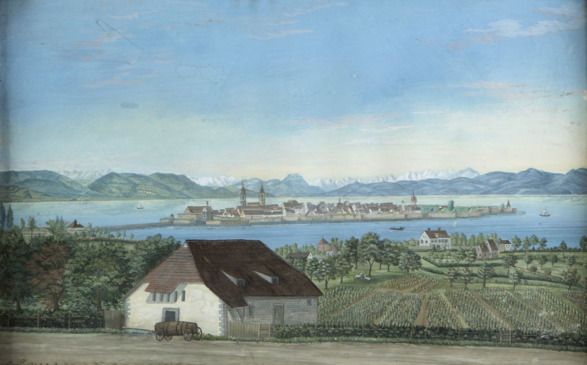 Deutsch, 19. Jh.Blick über Lindau am Bodensee in die Berge. Gouache. 30 x 47 cm. Leichter