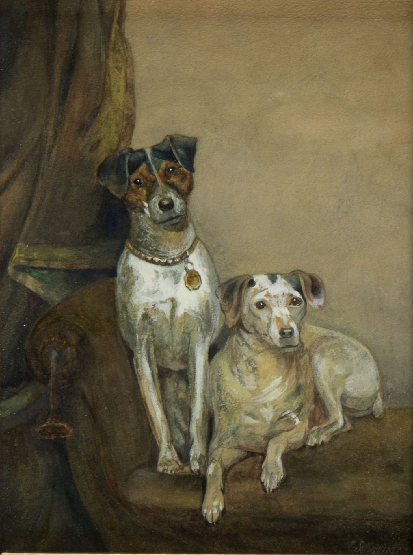 Schäffner, E.Zwei Parson Russell Terrier auf einem Sofa. Aquarell über Bleistift, weiß gehöht. Sign.