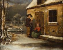 Deutsch, 19. Jh.Wartende Kinder an einem Haus im Winter. Öl/Holz. 30 x 37 cm. Gerahmt. Besch.