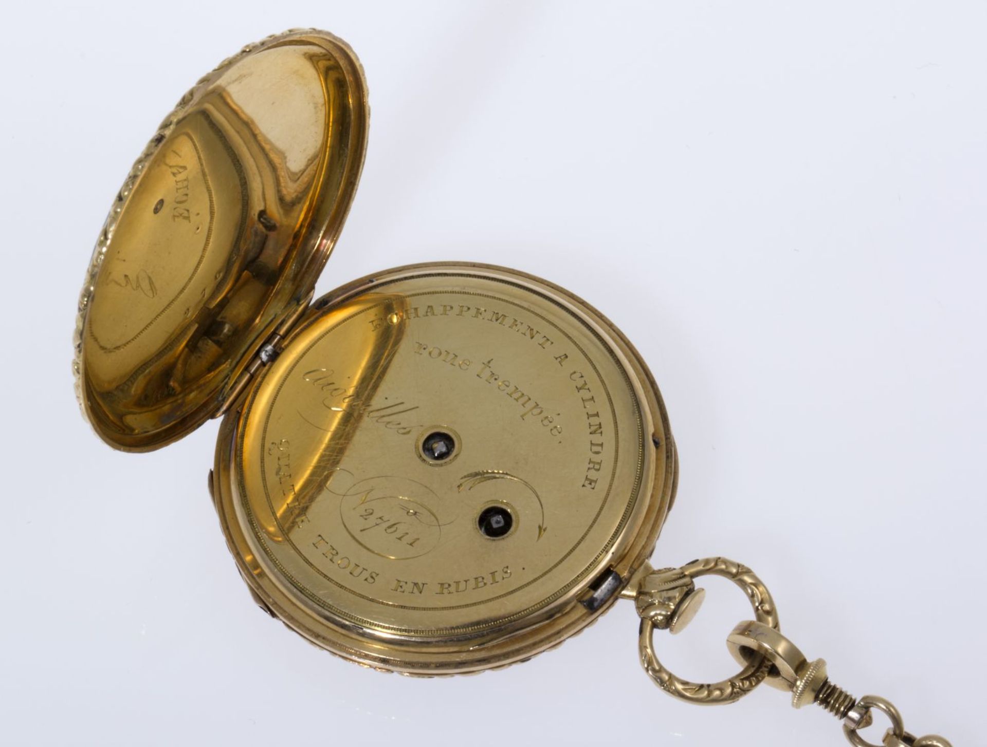 Dekorative Taschenuhr an UhrenketteGehäuse, Cuvette und Kette aus Gelbgold 750 (geprüft). Gehäuse - Bild 3 aus 6