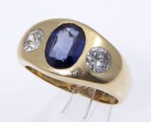 Klassischer Saphir-Diamant-BandringGelbgold 585 (geprüft). Ausgefasst mit ovalem Saphir,