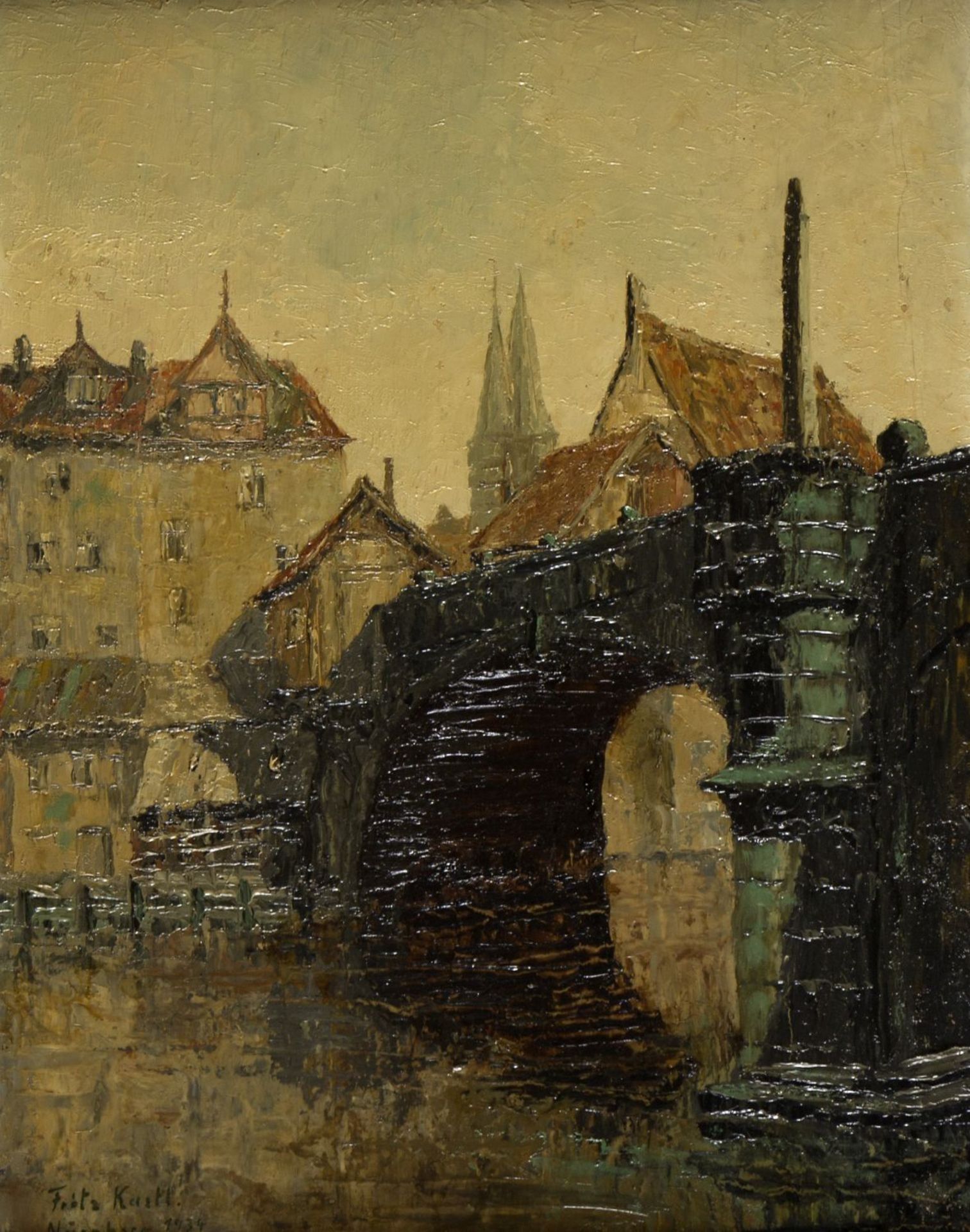 Kastl, FritzBrücke in Nürnberg. Öl/Karton. Sign. und dat. 1934. 47,5 x 36,5 cm. Gerahmt.