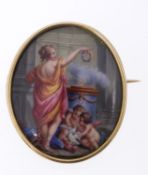 Brosche mit MiniaturmalereiGelbgold 585 (geprüft). Ovale Rahmung ausgefasst mit polychromer