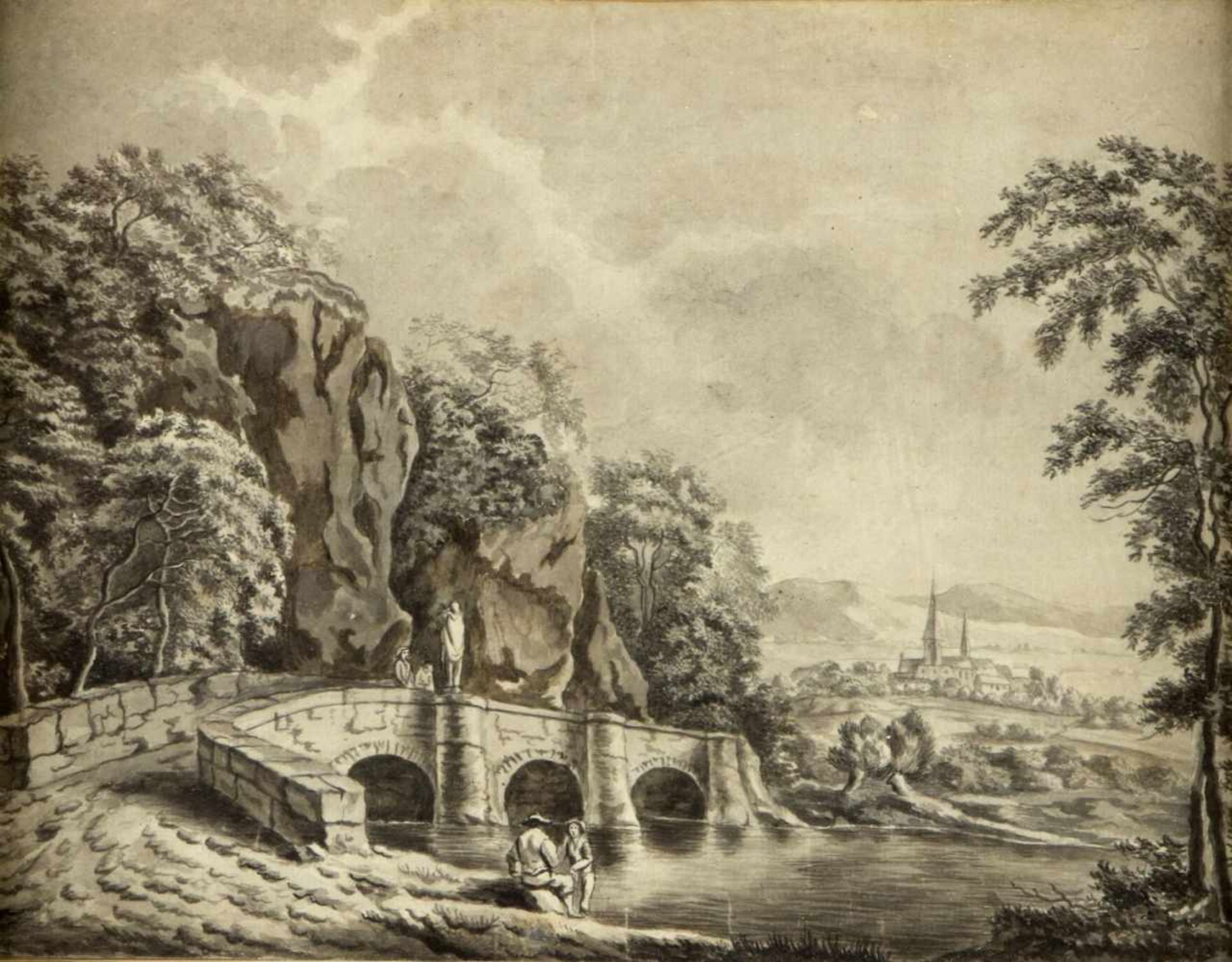 Deutsch, um 1800Brücke über einen Fluss in einer felsigen Landschaft. Tuschpinselzeichn. 23 x 31