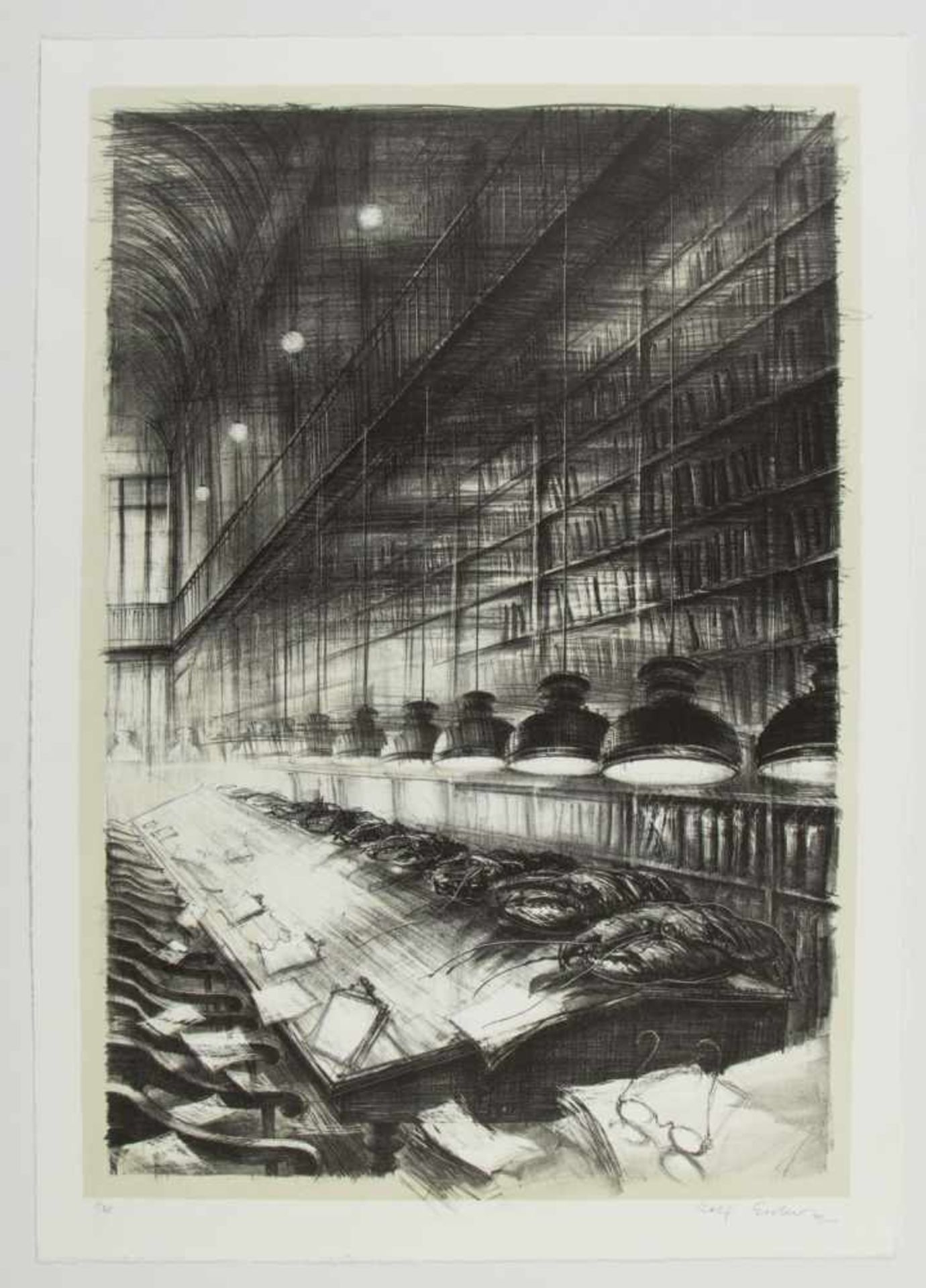 Escher, Rolf. 1936 HagenLesesaal einer Bibliothek. Gang einer Bibliothek. Großer Schreibtisch mit - Image 4 of 5