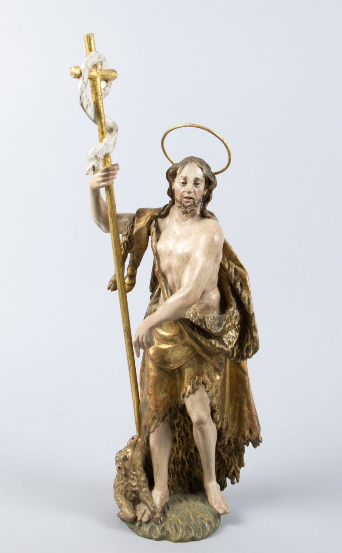 Johannes der TäuferHolz, geschnitzt. Rückseite summarische. Farb- und Goldfassung. Alpenländisch,