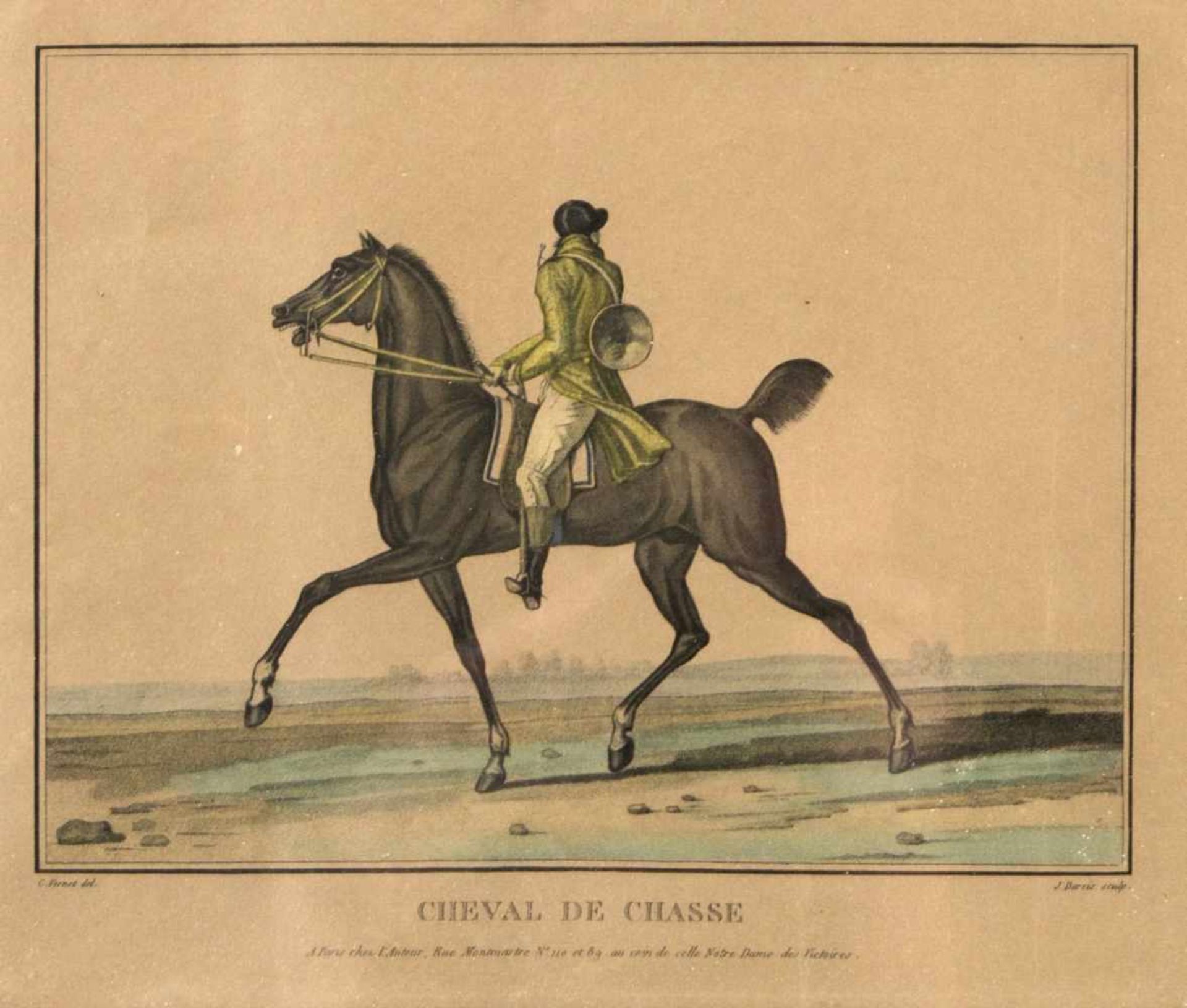 Darcis, J.Cheval de Chasse. Le Galop. 2 kol. Radierungen. 24,5 x 28,5 cm. Gebräunt und besch. - Image 2 of 3