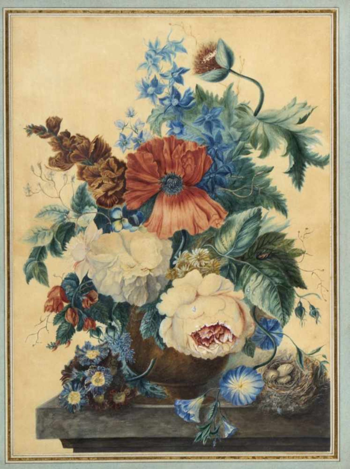 Deutsch, um 1800Stillleben mit Sommerblumen und einem Vogelnest. Gouache. 43,5 x 32 cm. Leichte