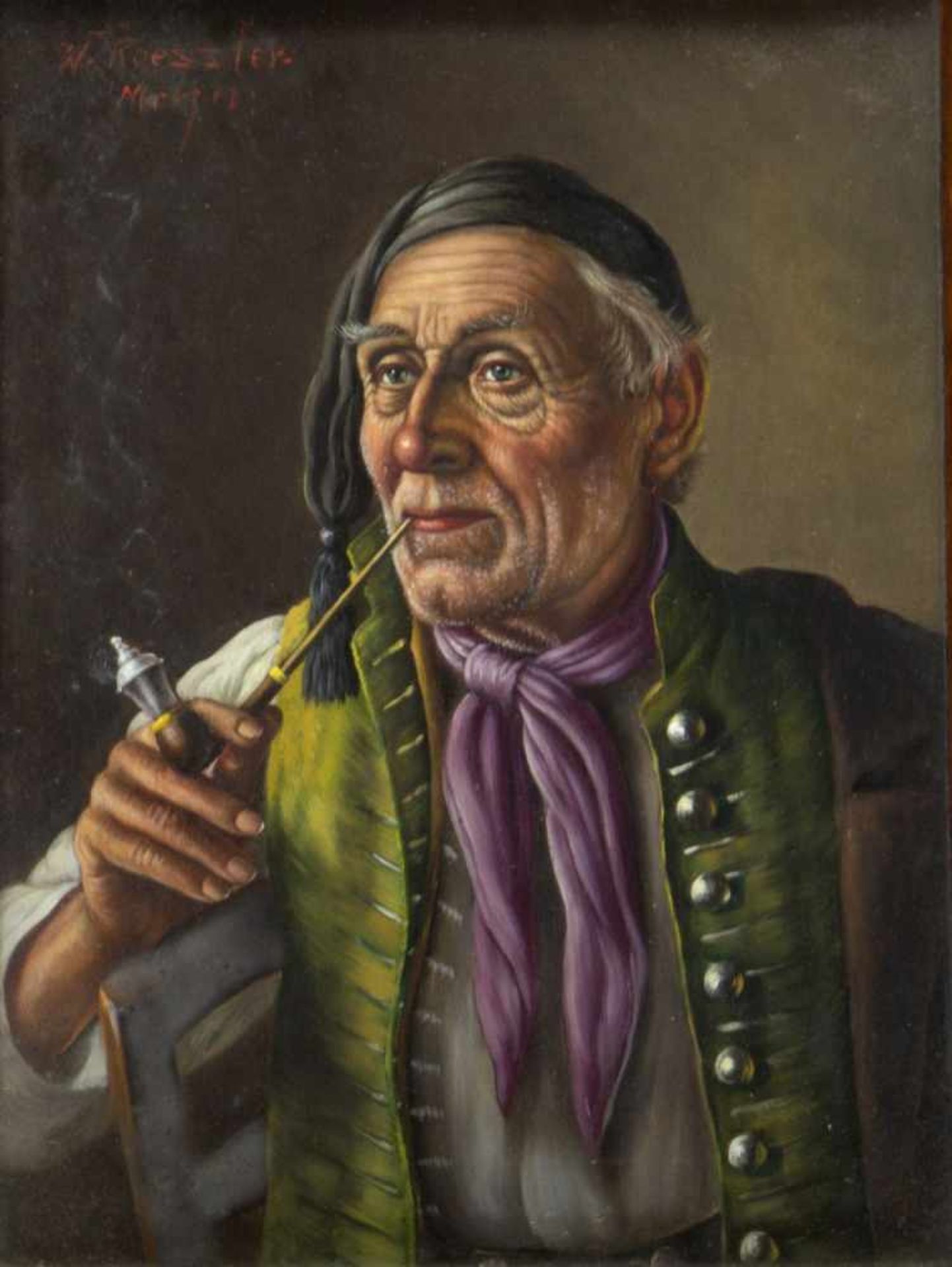 Rössler, Walter. 1893 - München - 1960Pfeife rauchender Mann in grüner Weste. Öl/Holz. Sig. 24 x