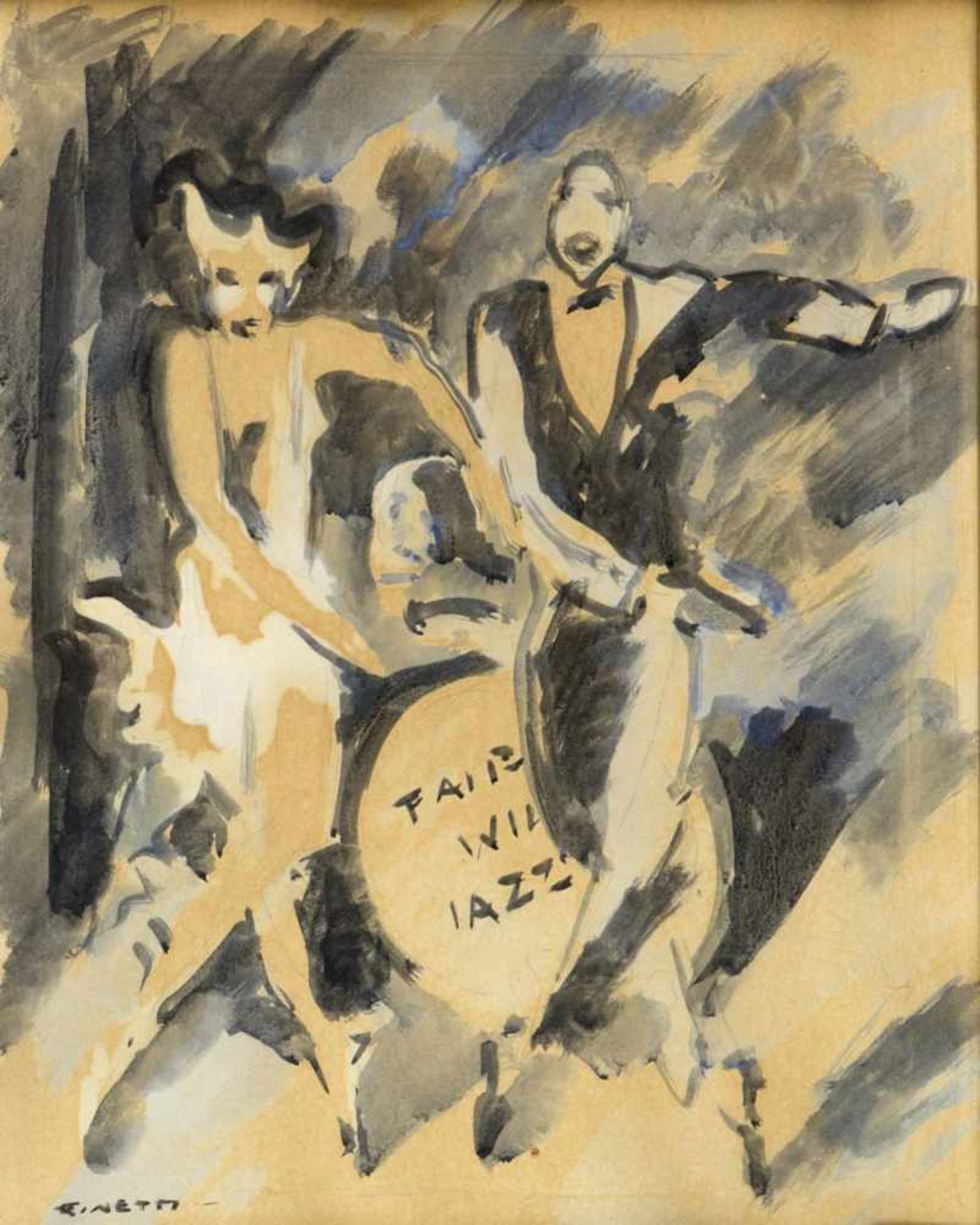 Finetti, Gino von. 1877 - 1955Tanzende Jazzmusiker. Boxer im Ring. 1 Gouache. 1 Lithographie. - Bild 2 aus 3
