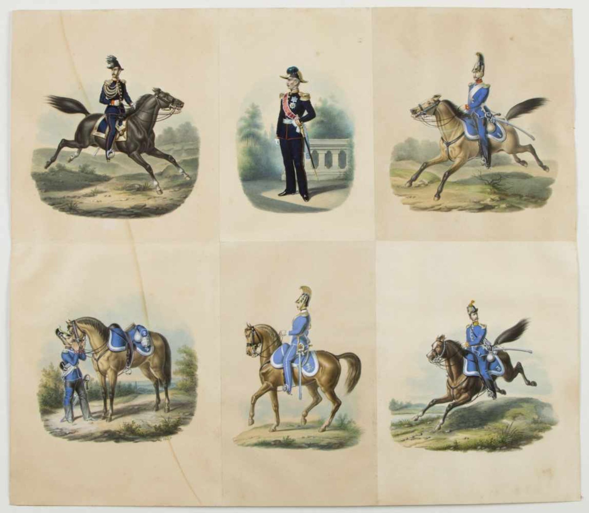 Deutsch, 19. Jh.Kavalleristen und stehender Offizier. 6 Gouachen. 2 dat. 1859. Bis 17 x 17,5 cm. Die