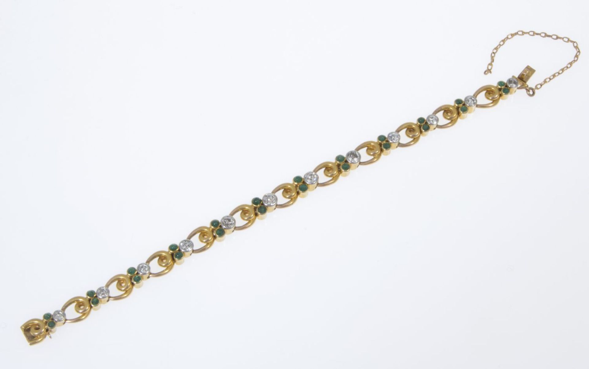 Diamant-Smaragd-GliederarmbandGelbgold 750. Ausgefasst mit 12 Altschliff-Dia. zus. ca. 1,20 ct und - Bild 2 aus 2