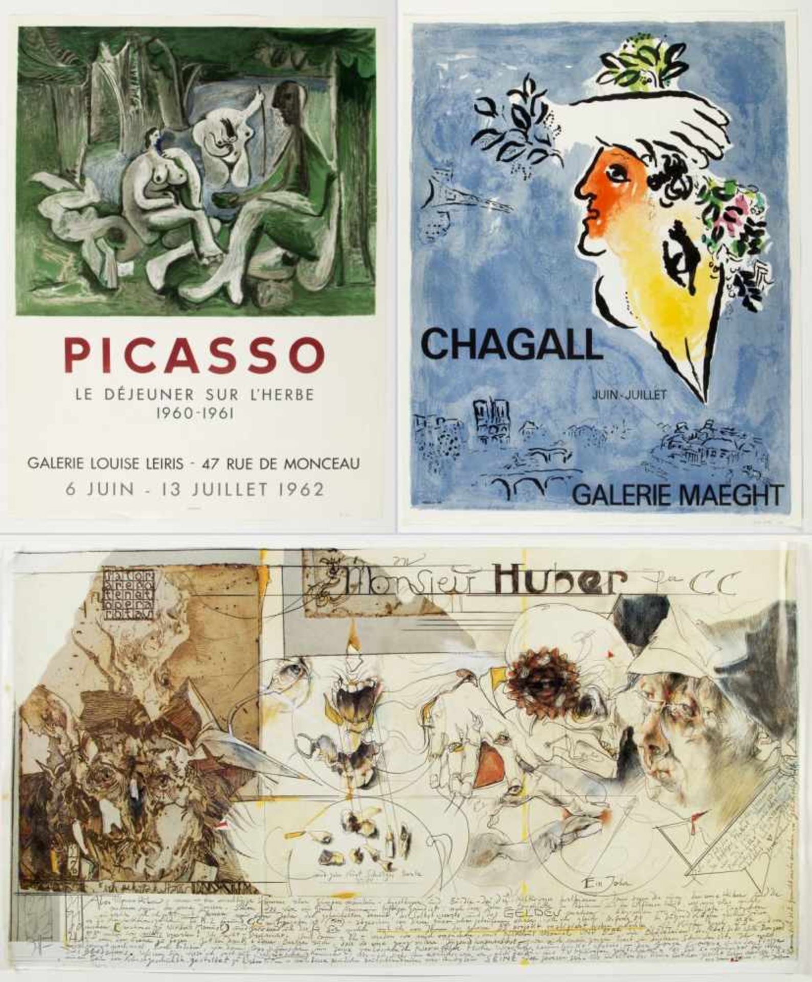 Picasso. Janssen. Chagall u.a.Ausstellungsplakate u.a. 16 Bll. versch. Techn. Bis 55,5 x 103 cm.