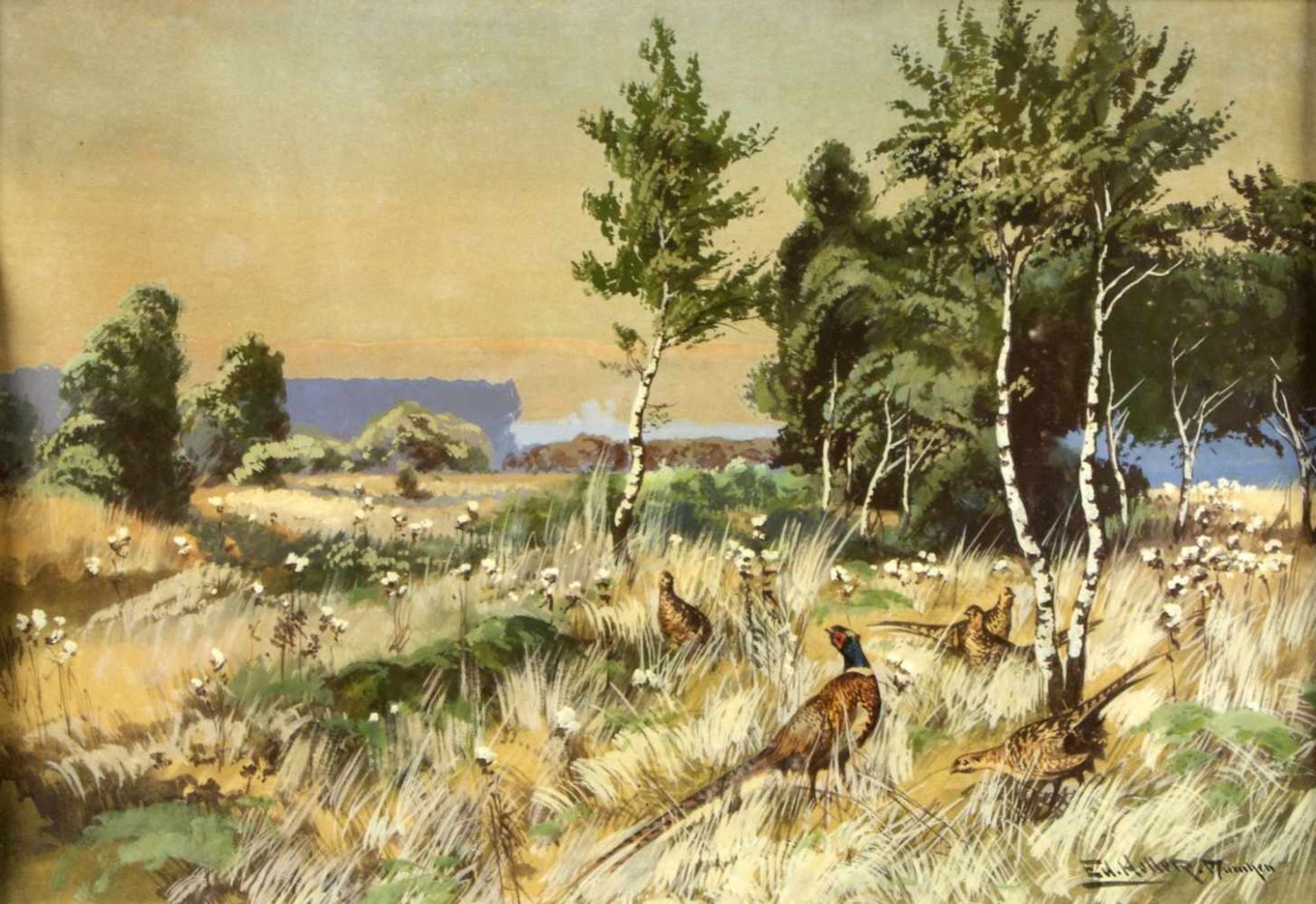 Heller, E. Jank, A.Fasane auf einer Wiese. See im Frühling. 1 Gouache. 1 Pastell. Sign. Bis 30,5 x - Bild 4 aus 5