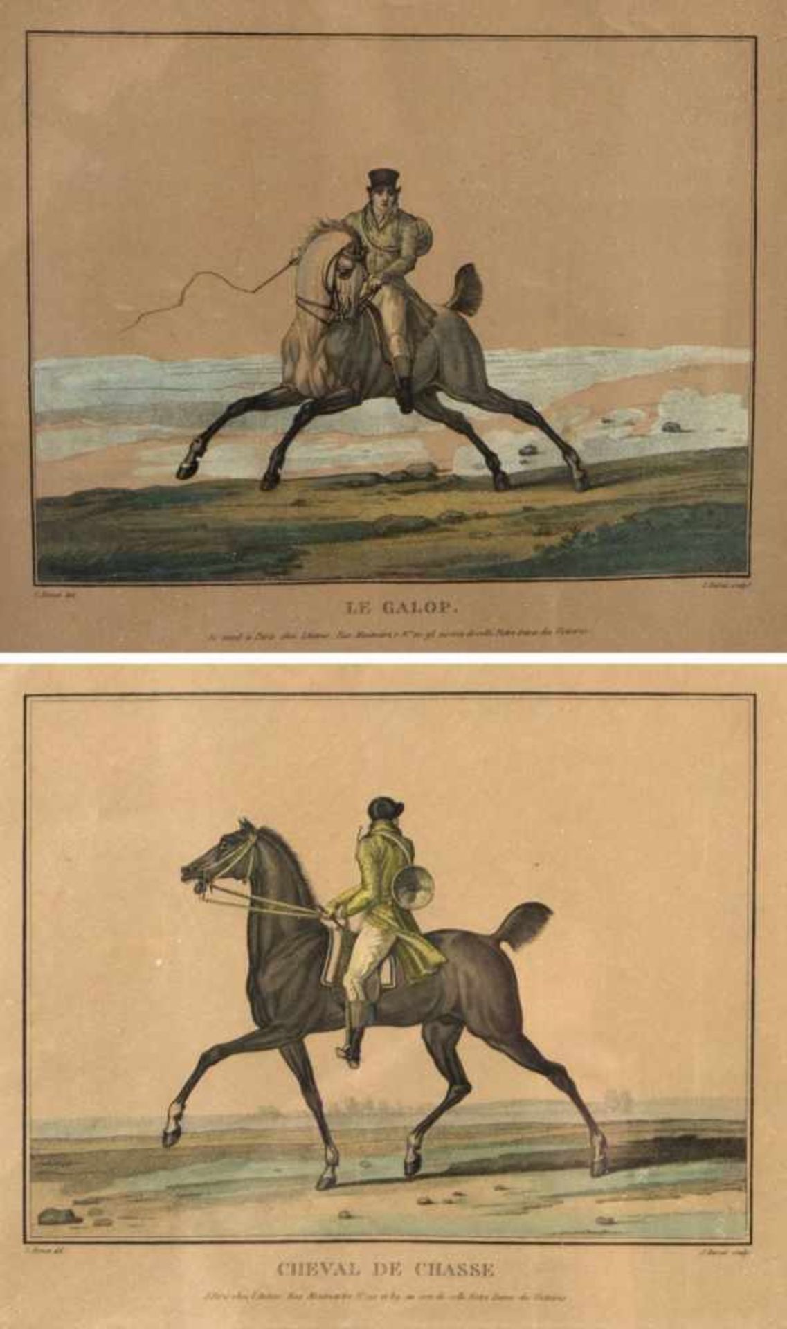 Darcis, J.Cheval de Chasse. Le Galop. 2 kol. Radierungen. 24,5 x 28,5 cm. Gebräunt und besch.