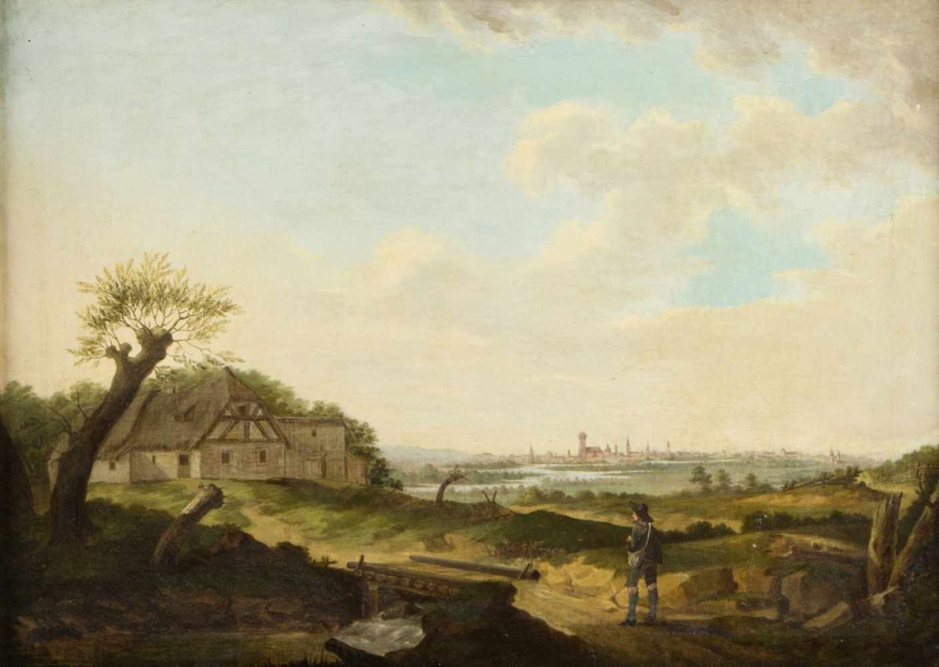 Deutsch, 19. Jh.Landschaft mit einem Wanderer und München im Hintergrund. Öl/Lwd. 38 x 53 cm.